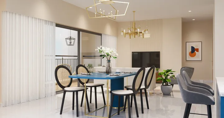 Elegant living room with blue ottoman