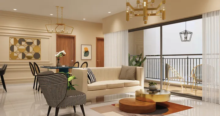 Living room with orange sofa and wooden partition